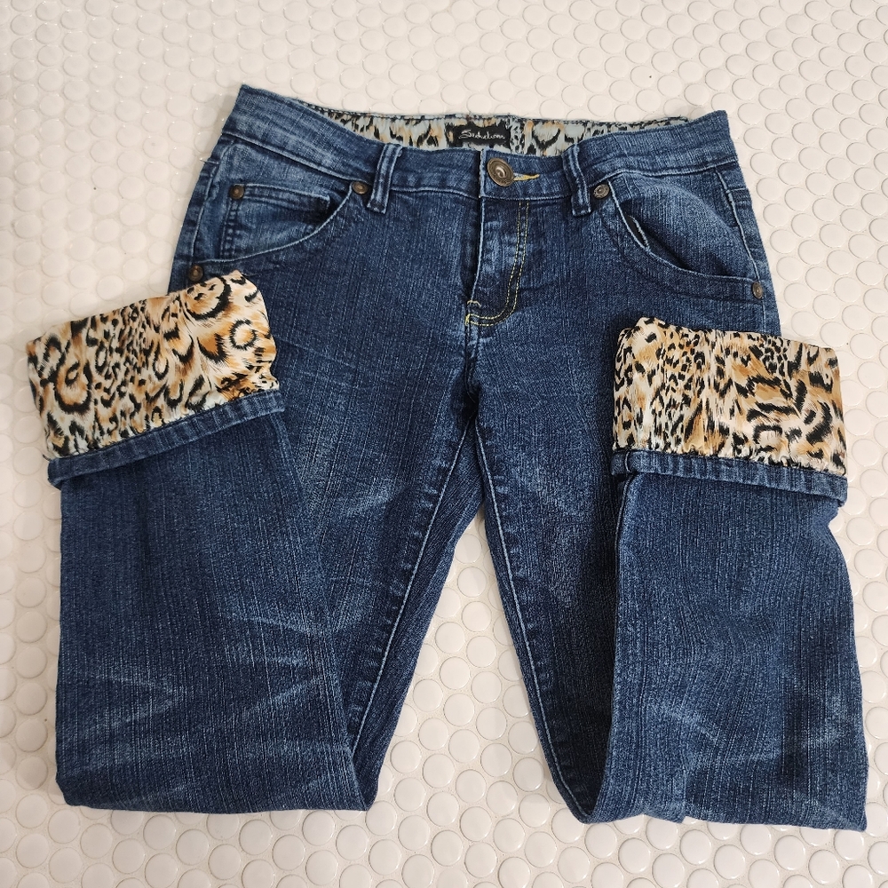 Leopard cuff denim Capri pants